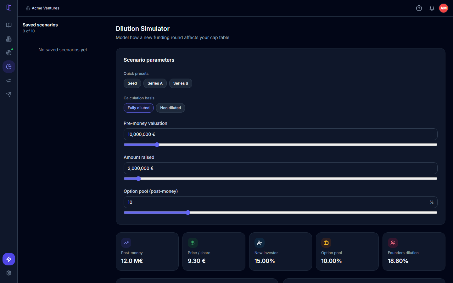 Cap table simulator preview